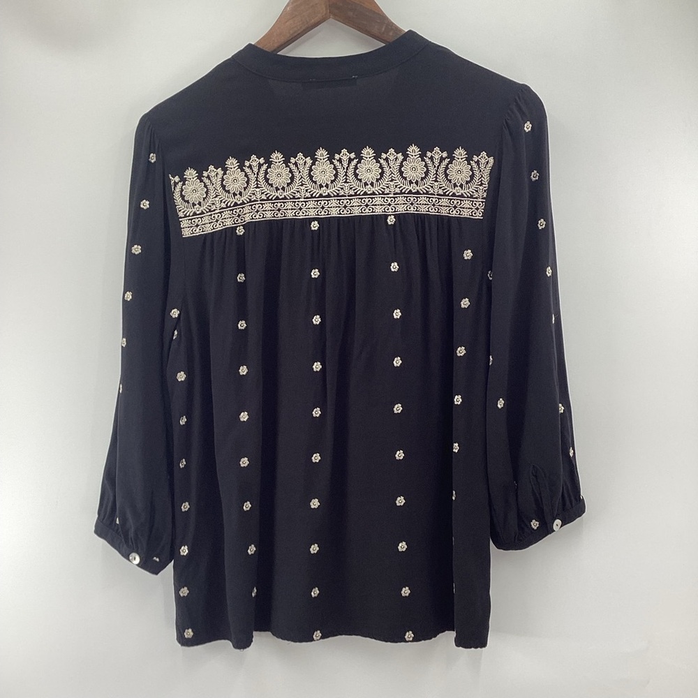 Woman’s Black Blouse with Gold Embroidery 3/4 Sleeves - Picture 4 of 13